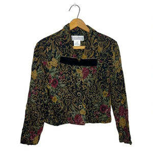 Vintage 90s Whimsigoth Damask Floral Velvet Trim Cropped Jacket Jessica Howard